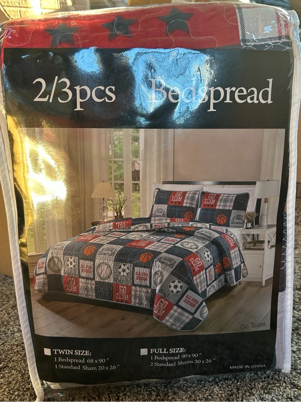 Sports Patchwork Quilt Set in Navy, Red & White